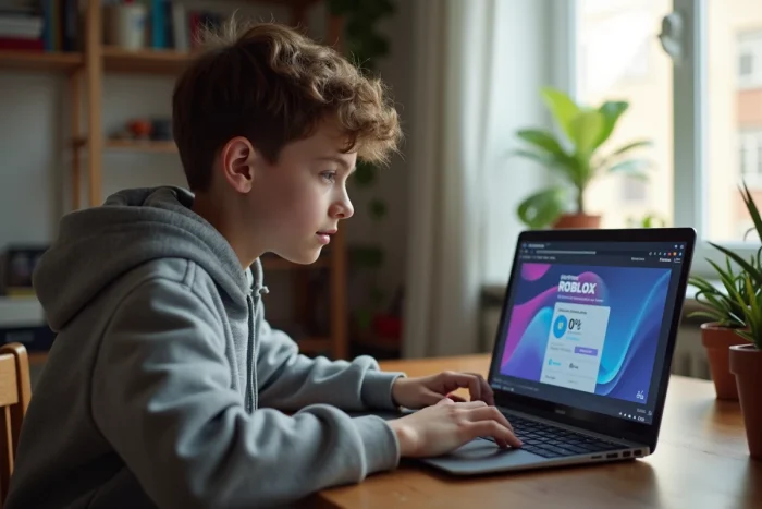 Adolescent consultant son temps de jeu Roblox sur un ordinateur portable dans sa chambre