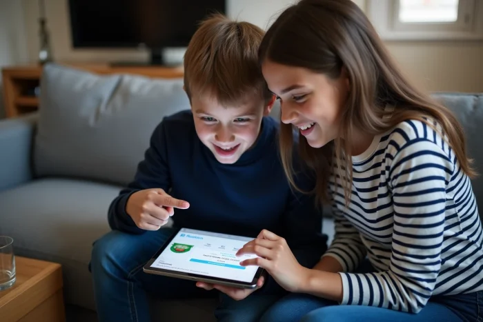 Deux adolescents consultant ensemble le temps de jeu Roblox sur une tablette dans un salon