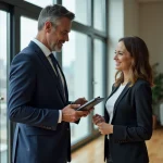 Agent immobilier en costume discutant dans un appartement moderne