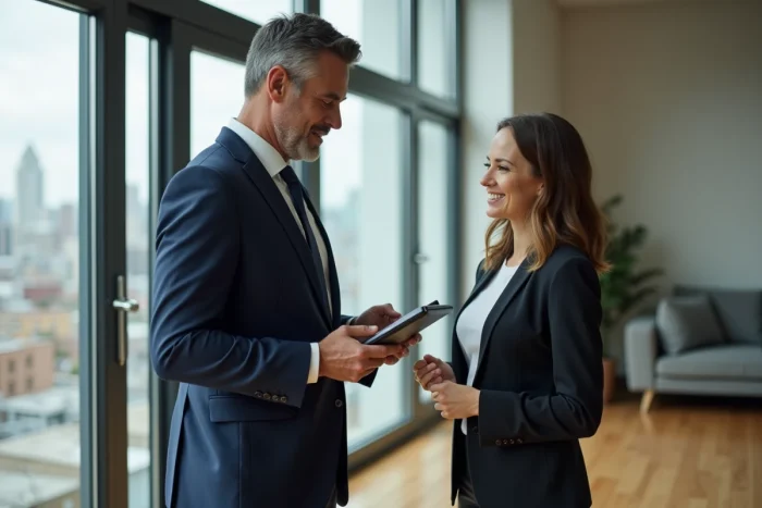 Agent immobilier en costume discutant dans un appartement moderne