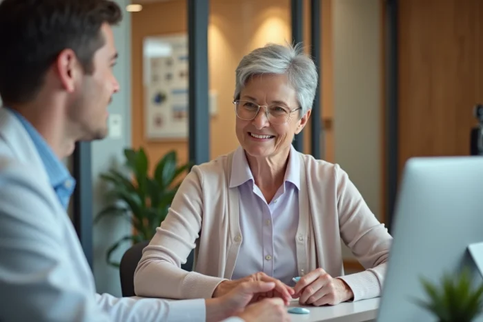Femme senior souriante recevant un appareil auditif
