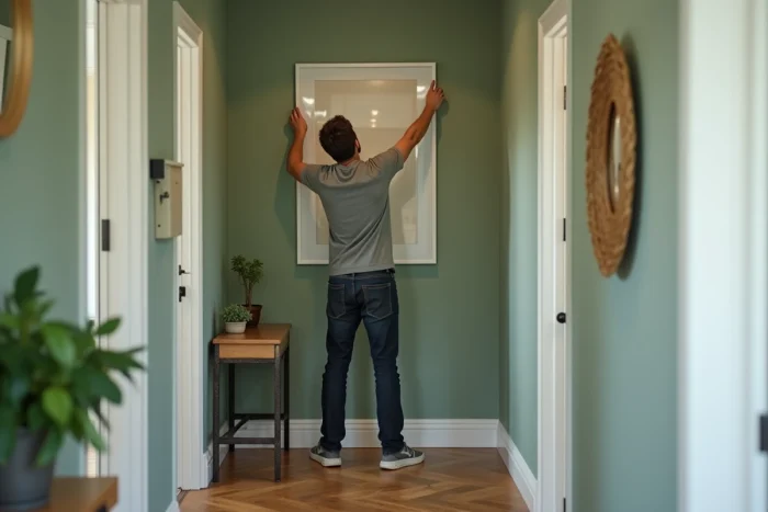 Homme accrochant un tableau dans un couloir intérieur décoré avec une console et un miroir en rotin, conseils aménagement maison