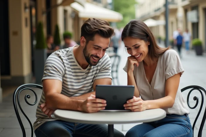 Deux amis explorant ensemble des annonces de loisirs sur une tablette en terrasse de café parisien