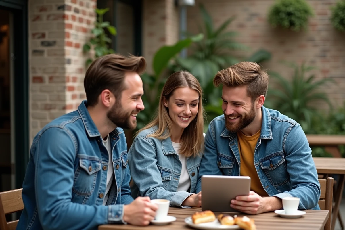 Trois amis dans un café extérieur partageant une tablette