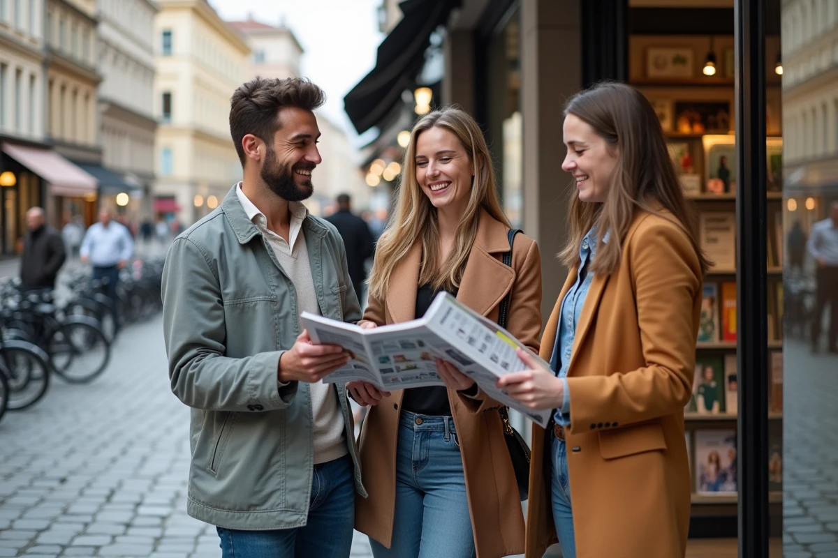 Trois amis discutant devant une librairie en ville