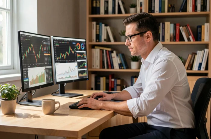 Homme analyste financier travaillant sur des données boursières à son bureau à domicile, stratégie d'investissement personnel