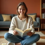 Jeune femme apprenant l'espagnol avec de la musique et un cahier de conjugaison dans un appartement cosy