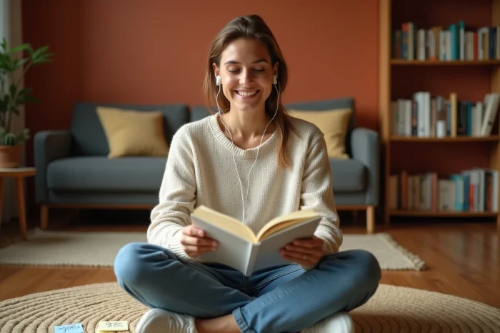 Jeune femme apprenant l'espagnol avec de la musique et un cahier de conjugaison dans un appartement cosy