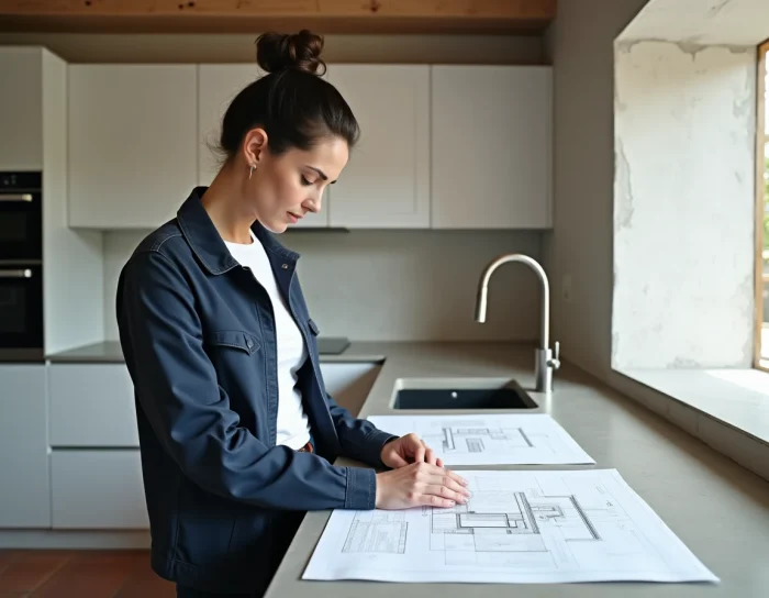 Femme architecte examinant des plans lors d'une rénovation de cuisine pour valoriser un bien immobilier