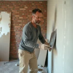 Artisan en train d'enduire un mur intérieur lors de travaux de rénovation immobilière