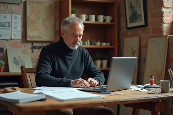 Artiste masculin planifiant le budget d'une exposition dans son atelier avec des documents de coûts