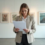 Artiste femme consultant des tarifs et documents dans une galerie d'art contemporain