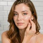 Femme aux traits naturels appliquant une crème hydratante dans une salle de bain moderne et épurée