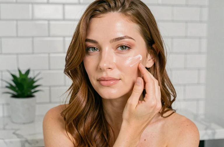 Femme aux traits naturels appliquant une crème hydratante dans une salle de bain moderne et épurée