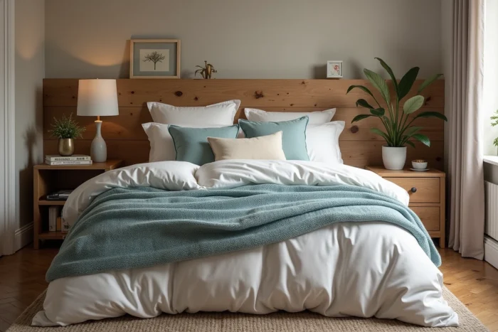 Chambre à coucher décorée avec literie en coton ivoire, plaid en maille bleu et tête de lit en bois brut pour une atmosphère chaleureuse et personnalisée