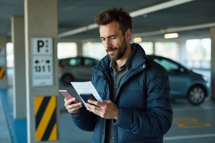 Conducteur consultant les tarifs affichés dans le parking Rapp de Colmar