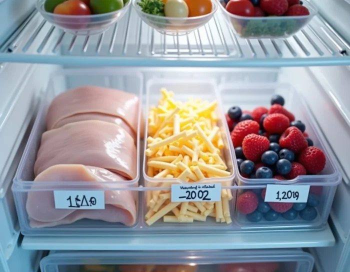 Tiroir de réfrigérateur organisé avec plusieurs sachets sous vide datés contenant viande, fromage et fruits frais grâce au FoodSaver V2860