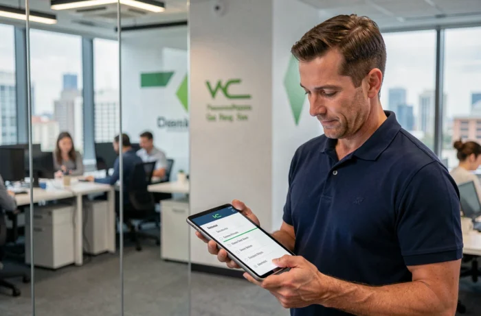 Homme consultant la carte du site AG Energie sur une tablette dans un bureau moderne