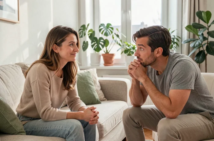 Couple dans un salon moderne, l'homme exprimant une admiration émotionnelle sincère à une femme souriante