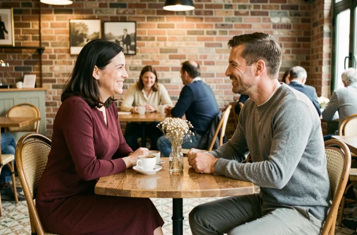 Couple complice partageant un moment de conversation dans un café bistro français chaleureux