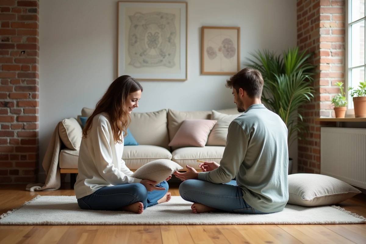 Jeune couple arrangeant des coussins dans un salon moderne