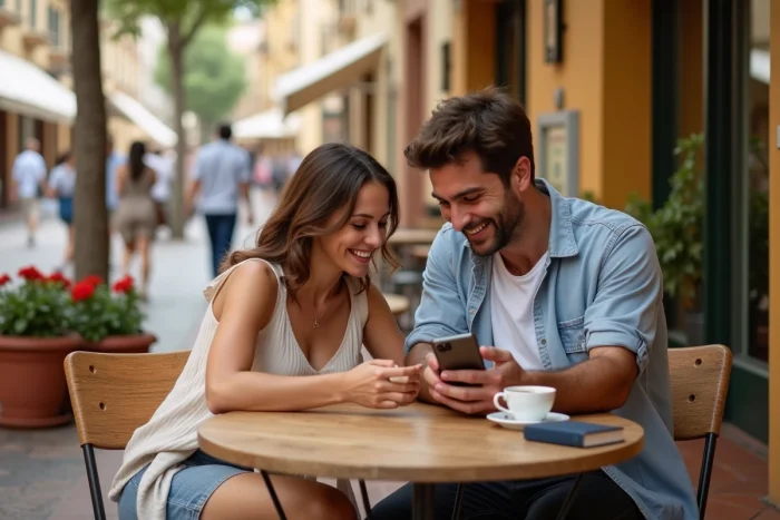 Couple apprenant le futur en espagnol avec une application musicale sur smartphone dans un café en plein air