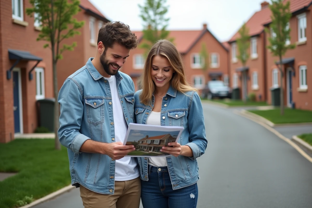 Jeune couple regardant une brochure immobilière dans un quartier résidentiel