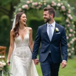 Jeune couple heureux lors de leur mariage en plein air