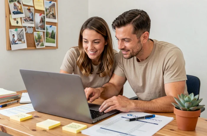 Couple cherchant ensemble des ressources web fiables pour rénover leur maison devant un ordinateur portable dans un bureau à domicile