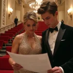 Dame élégante et jeune homme consultent un plan au théâtre