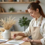 Femme arrangeant des fleurs séchées dans un salon scandinave décoré avec goût, inspiration déco maison
