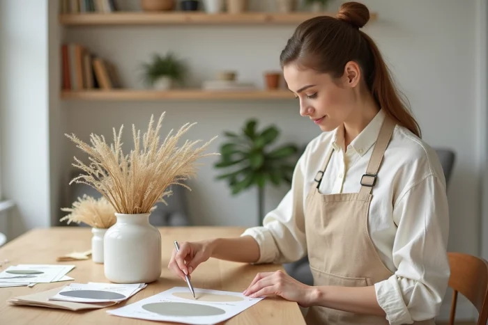 Femme arrangeant des fleurs séchées dans un salon scandinave décoré avec goût, inspiration déco maison