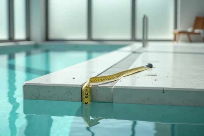 Détail architectural d'une banquette piscine en béton gris avec ruban à mesurer, mettant en valeur les dimensions précises pour un aménagement confortable