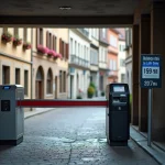 Entrée du parking Rapp à Colmar avec barrière automatique et affichage des tarifs