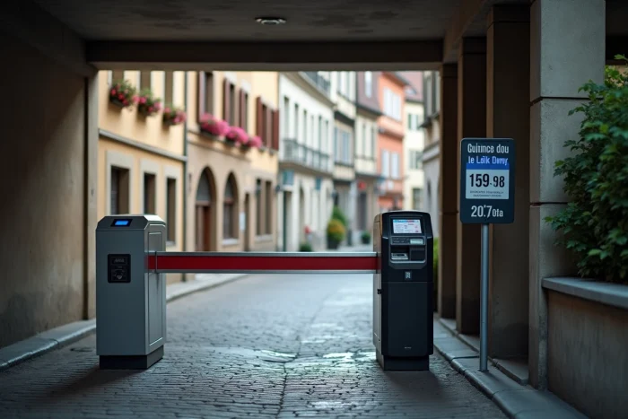 Entrée du parking Rapp à Colmar avec barrière automatique et affichage des tarifs