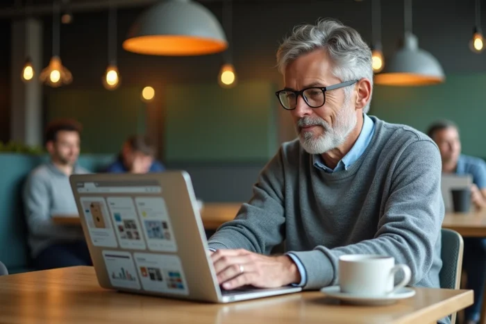Entrepreneur en télétravail utilisant un outil de création de site web dans un espace de coworking pour développer son activité numérique