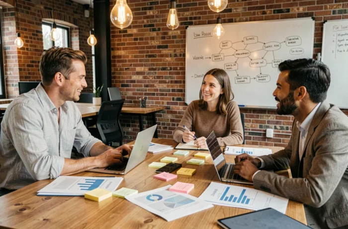 Équipe de professionnels en réunion stratégique autour d'une table de conférence, planification d'investissement en entreprise