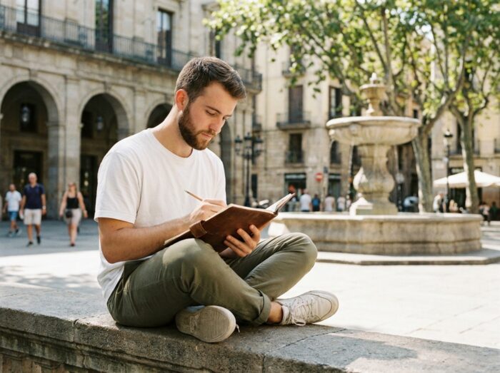 Étudiant en architecture d'intérieur dessinant sur une place historique ensoleillée dans une ville du sud de la France