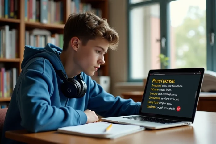 Adolescent étudiant le futur en espagnol grâce à des paroles de chansons sur un ordinateur portable en bibliothèque