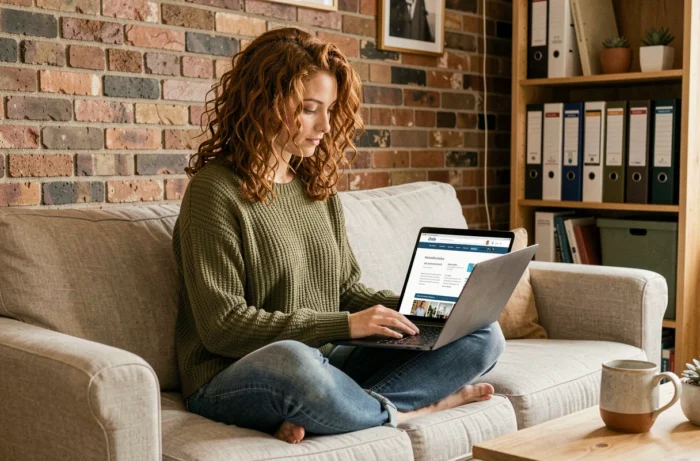 Jeune femme explorant les ressources utiles du site AG Energie depuis son bureau à domicile