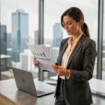 Femme d'affaires analysant des graphiques financiers dans un bureau moderne avec vue sur la ville, stratégie d'investissement