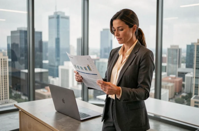 Femme d'affaires analysant des graphiques financiers dans un bureau moderne avec vue sur la ville, stratégie d'investissement