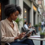 Jeune femme africaine lisant sur sa tablette en extérieur