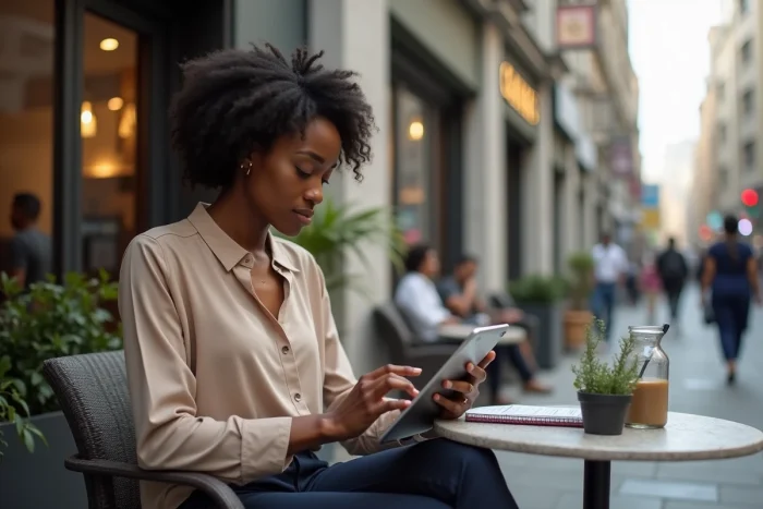 Jeune femme africaine lisant sur sa tablette en extérieur
