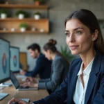 Femme professionnelle analysant des tableaux de bord analytiques pour booster son activité en ligne dans un bureau moderne