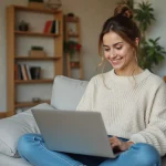 Femme parcourant des annonces de loisirs en ligne sur son ordinateur portable dans un salon cosy et moderne