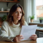 Femme assise à la cuisine tenant un certificat médical et smartphone