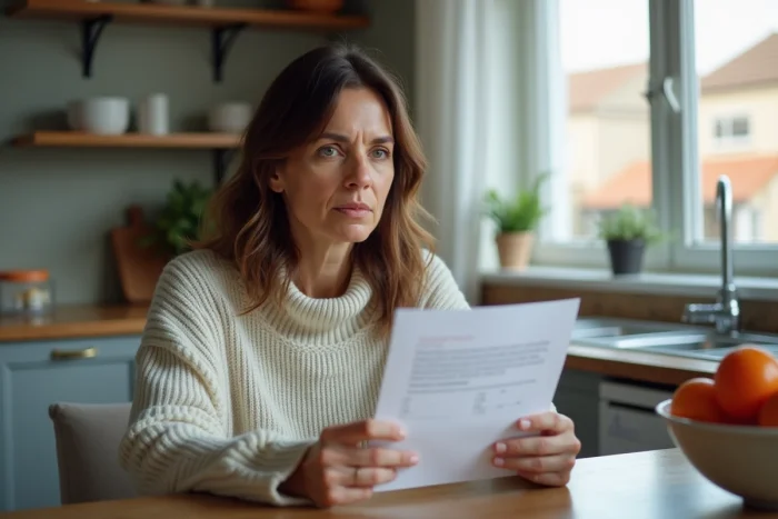 Femme assise à la cuisine tenant un certificat médical et smartphone