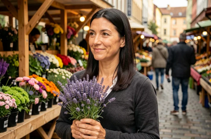 Femme naturelle et souriante tenant un bouquet de lavande fraîche dans un marché provençal en plein air