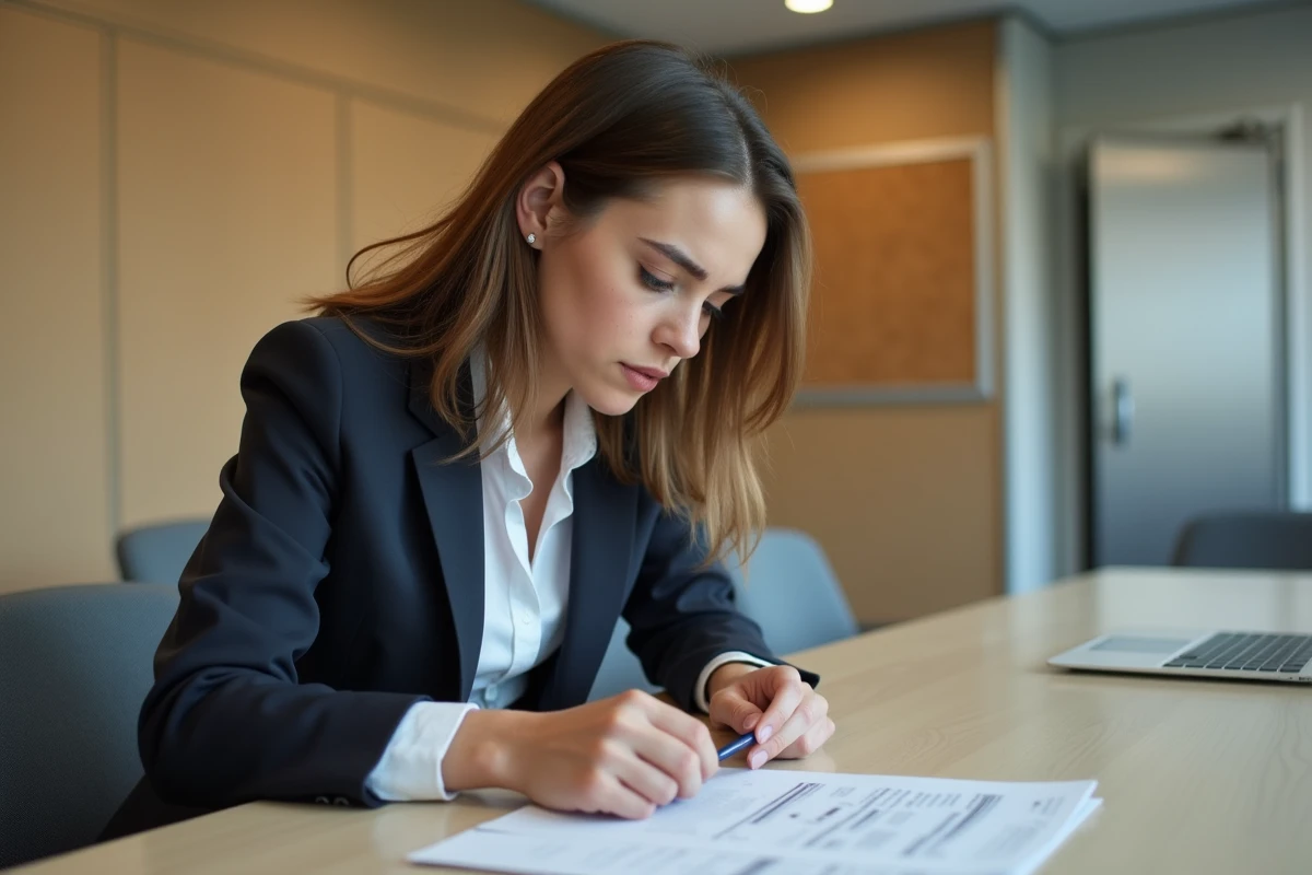 Jeune femme française examinant des documents au bureau